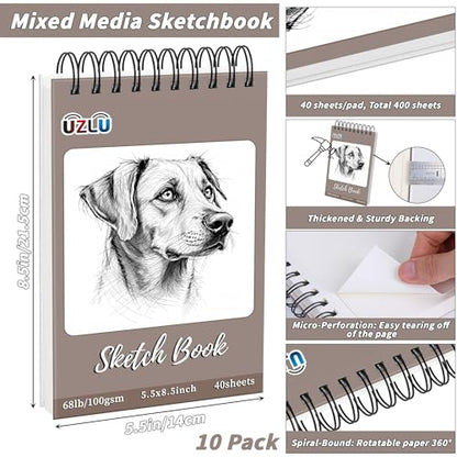 10 Pcs Sketch Books Bulk 5.5 x 8.5 in 400 Sheets Top Spiral Bound Sketch Pad Drawing Paper 40 Sheets Each Acid Free Mixed Media Sketchbook 68lb/100gsm Art Supplies for Beginner Artist - size: 5.5x8.5in