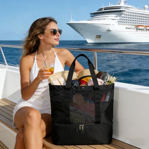 Mesh Tote Beach Bag with Leakproof Wet Compartment - color: Black