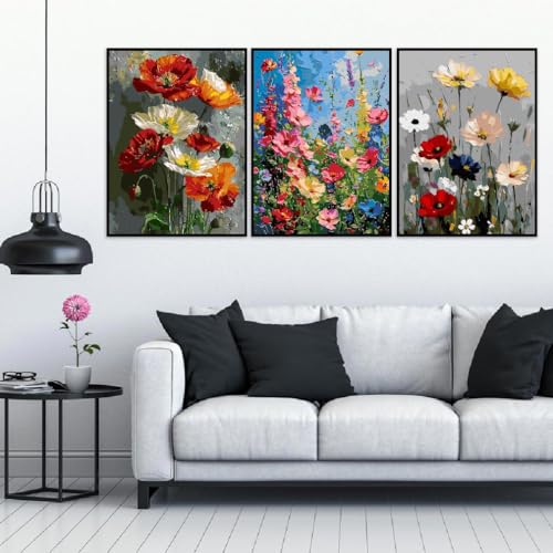 Mrnsiet 3 Pack Flowers Paint by Numbers Kit for Adults, Floral Adult Paint by Number Kits on Canvas, Plant Oil Painting Acrylic Kits Gift for Home Wall Decor 12x16 Inch - color: MT23027+MT23028+MT23029-US