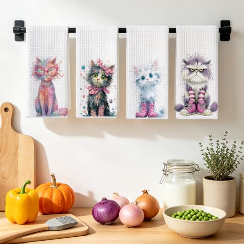 4 Pcs Funny Cat Kitchen Towels, Cute Cats Gifts Reusable Hand Towels-02 - color: Multi 1617