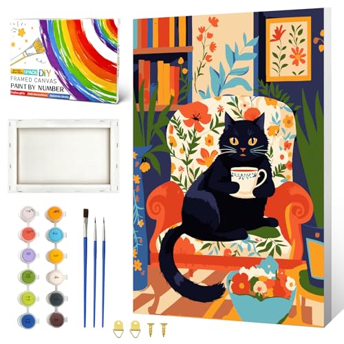 ZTOTZ Cat Paint by Numbers Kit for Adults Framed,8x12inch | Black Kitty Adult Paint by Number Kits on Canvas,DIY Easy Acrylic Painting for Teen,Home Wall Decor - color: A-01-cat