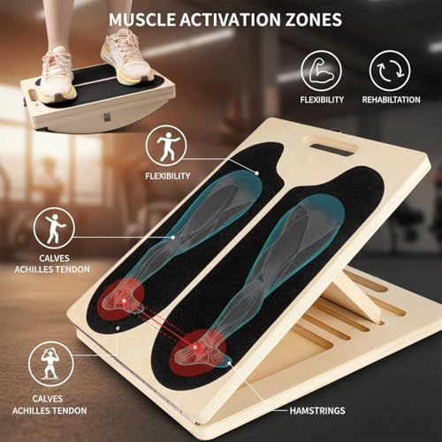 Slant Board for Calf Stretching,Balance Board,Adjustable Calf Stretcher,400 lbs Cap,Wooden Slant Board Anti-Slip Incline Board, Ankle Support,Incl.2 Resistance Bands,Instruction Card & Sand Paper.