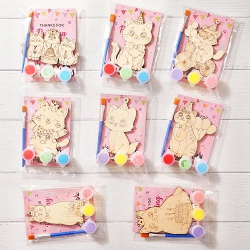 Saypacck 24 Pcs Cat Party Favors Wooden Paint Craft Kits | Cute Cat Designs, Includes Paints Brush Bag, For Girls Cowgirl Theme Goodie Bag Fillers, DIY Thank You Gifts - style: Cat