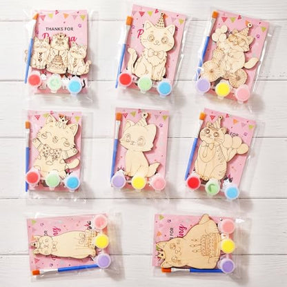 Saypacck 24 Pcs Cat Party Favors Wooden Paint Craft Kits | Cute Cat Designs, Includes Paints Brush Bag, For Girls Cowgirl Theme Goodie Bag Fillers, DIY Thank You Gifts - style: Cat