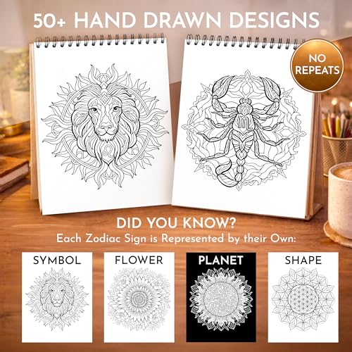 Mandala Coloring Book for Adults, 50 Unique Zodiac Designs, Spiral Bound | Adult Coloring Book for Women & Men, Zodiac & Astrology Mandalas, Single-Sided 180gsm Thick Paper, Celestial Designs - color: Mindful Mandala - Astrology