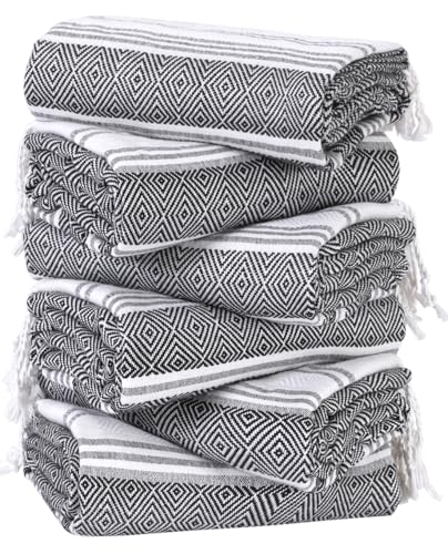 Genovega 6 Packs Oversized Turkish Beach Bath Towel Set Bulk 74"x38" Extra Large Sand Free Quick Dry Swim Camping Pool Clearance Towels Travel Blanket Adult Essentials Light Blue Grey Coral Stripe - color: Black Set Mixed
