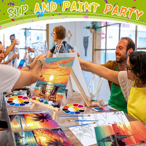 Motipuns 72 Pcs Paint and Sip Kit for Adults 12 Set 8''x10'' Pre Drawn Canvas for Painting with Easels Apron Brushes Palette Printed Canvas Bulk for DIY Birthday Gifts Date Night Party(Seaside Sunset) - style: Seaside Sunset