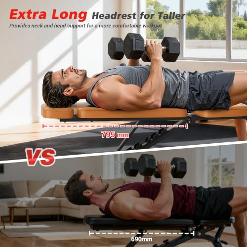 XDDIAS Workout Bench, 10 Backrests Adjustable Weight Bench with Extended Headrest, 800LBS Foldable Weight Bench for Home Gym, Incline Decline Flat Bench Compact for Small Space Training