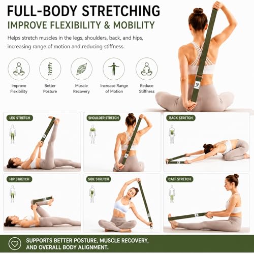 Yoga Strap for Stretching, Non-Elastic Yoga Belt with D-Ring - color: Army Green, size: 6Feet/1.8M
