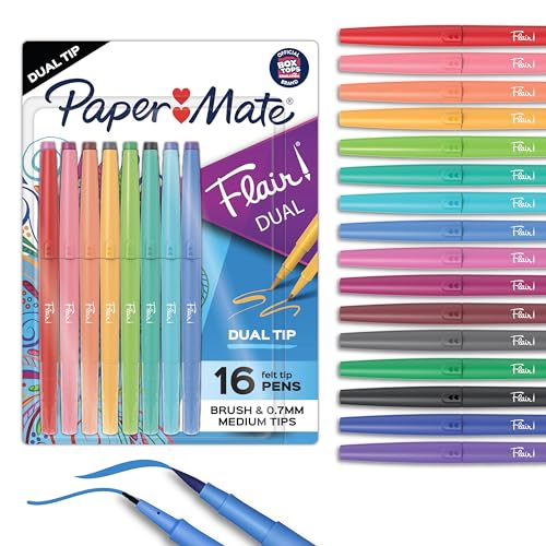 Paper Mate Flair DUAL Felt Tip Pens, Brush and Medium Tips, 16 Count - Journaling, Note-Taking, Hand Lettering - style: Dual Tip