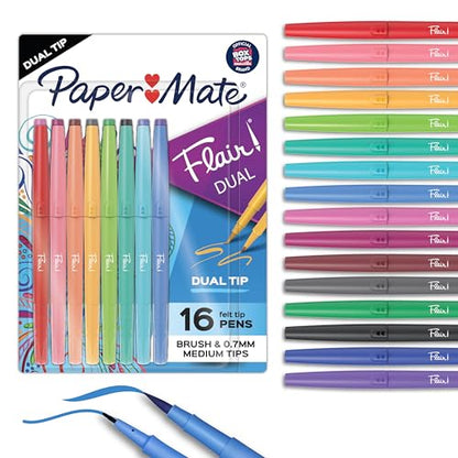 Paper Mate Flair DUAL Felt Tip Pens, Brush and Medium Tips, 16 Count - Journaling, Note-Taking, Hand Lettering - style: Dual Tip