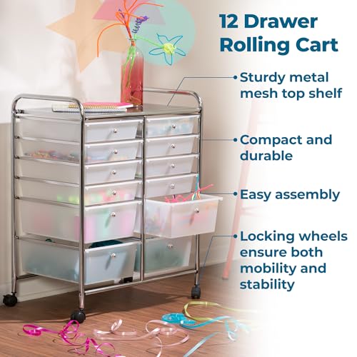 Honey-Can-Do Rolling Craft Storage Cart, Clear, 12-Drawer | Mobile Organizer and Craft Storage Tower on Wheels for Office, Classroom, and Art Supplies