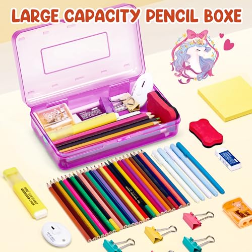 GAMENOTE Plastic Pencil Box with Personalized Sticker,Large Capacity,Purple | Kid Large Hard Pencil Case with Snap-tight Lid, Small Art Craft Storage Containers, School Supply Box for Boys, Girls - color: Purple