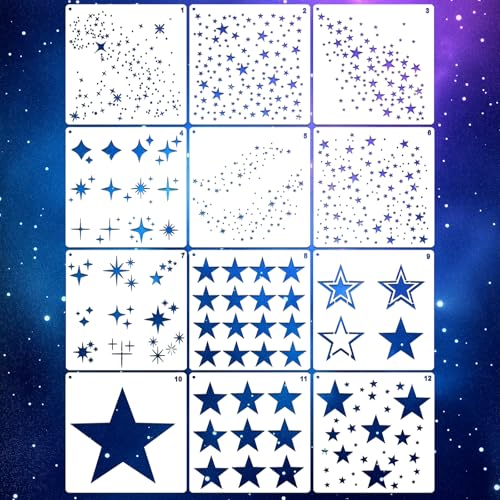 Star Stencils for Crafts Reusable 12Pcs Stencils(5.9X5.9 Inch) | DIY Art Painting Stencil Furniture Decor Kit for Wood Embroidery Wall Silk Screen Journaling - color: Star