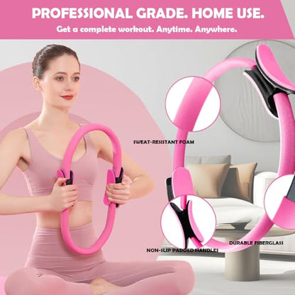 Pilates Ring Set with 14-Inch Magic Circle, Exercise Ball & 6 Resistance Bands - Complete Home Workout Equipment for Core Strength, Toning and Flexibility - Ideal Fitness Gift for Women and Men