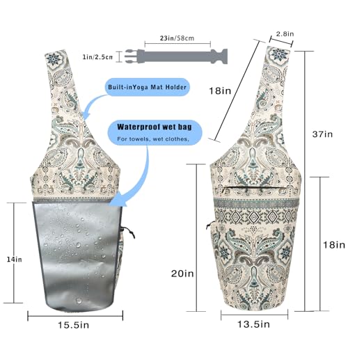 Yoga Mat Bag - Large Opening Long Tote Yoga Mat Carrier Holder Bag with Waterproof Wet Zipper Pocket and Drawstring Water Bottle Pocket - Yoga Bag Fit Most Size Mats - color: Indian Floral