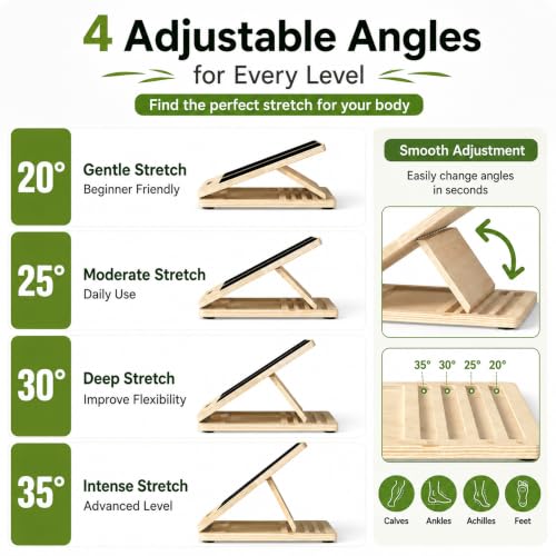 MUCITAGF Portable Wooden Slant Board, 13” Wide Calf Stretch Board, 4 Angles | Adjustable Incline Board, Non-Slip, Ideal for Plantar Fasciitis Relief, Stretching & Squats, Beginner & Rehab Friendly