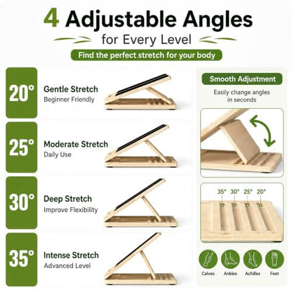 MUCITAGF Portable Wooden Slant Board, 13” Wide Calf Stretch Board, 4 Angles | Adjustable Incline Board, Non-Slip, Ideal for Plantar Fasciitis Relief, Stretching & Squats, Beginner & Rehab Friendly