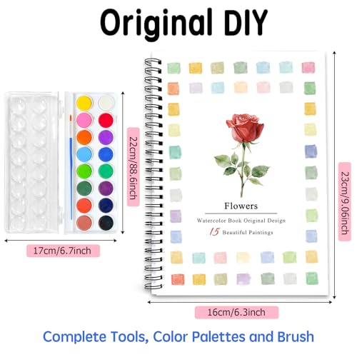 SLWBZ Watercolor Workbook Flowers, 15 Different Patterns of Original DIY Designs, 16 Color Watercolor Paint Plates with Palette and Brush, Beginner-Friendly Watercolor Workbooks, Flowers - color: Rose, size: With paint