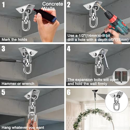 2-Pack Hammock Hanging Kit, 360-Degree Swivel Heavy-Duty Swing Hooks, Supports 1200 lbs, Stainless Steel Swing Hardware for Hammocks, Playgrounds, Yoga, Chairs & Heavy Bag. Installs on Concrete/Wood.