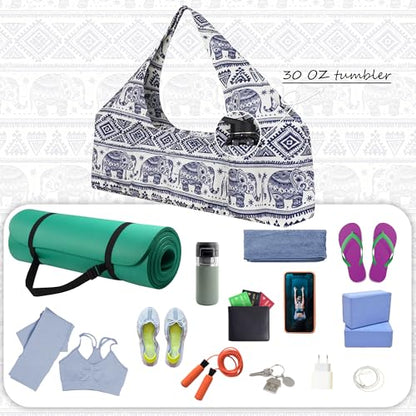 Large Yoga Mat Bag Yoga Bags and Carriers Fits All You Stuff Yoga Tote Bag with Yoga Mat Strap, Elastic Pockets and Zipper Pockets - color: beige blue