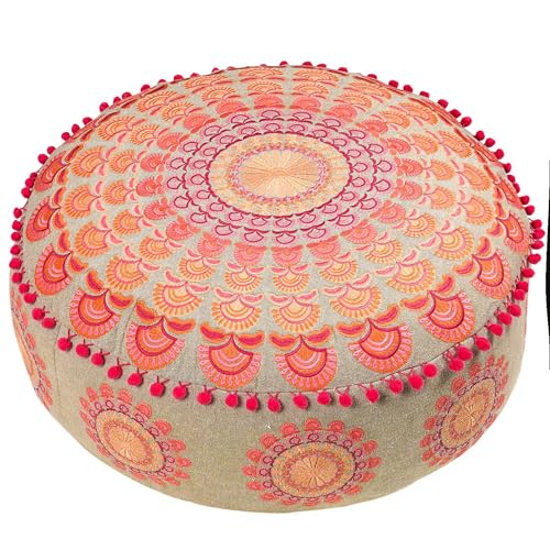 Mandala Life ART Large Boho Pouf Cushion Cover Pink Round Floor Pillow Luxury Kids Room Décor Cotton Pouf Ottoman Cushion for Meditation Yoga and Boho Chic Seating Area Stool Cotton 24x8 Unstuffed - color: Pink Peacock, style: Pouf Cover