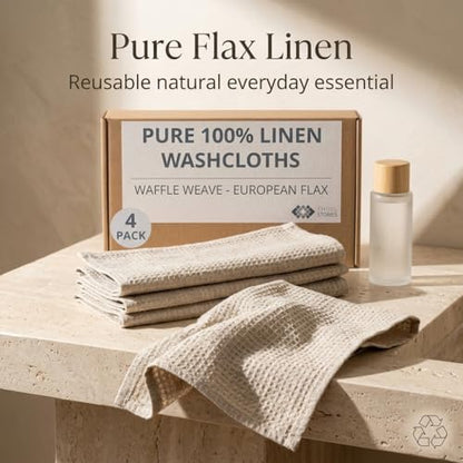 Pure Linen Washcloths for Bathroom 10x10-inch 4-Pack Waffle Weave Quick Dry - color: Natural Linen, size: Washcloths