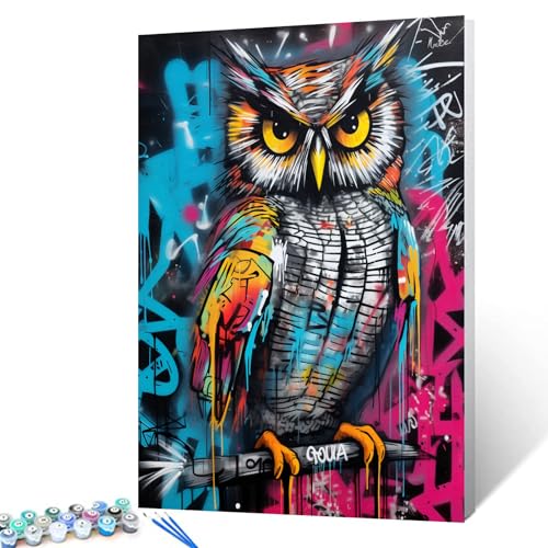 Scrawl Owl Side Prints DIY Painting by Numbers Kits for Adults Beginner,Street Graffiti Background Wall Artwork Paint by Number on Canvas With Pigment and Brushes Easy to Paint With Frame 16''X20'' - color: Animals-05, size: 16''Wx20''H(DIY frame)