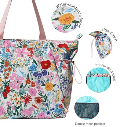 ESVAN Yoga Tote Bag for Women Drawstring Canvas Shoulder Bags for Workout Travel Carryall Pilates Gym and Beach - color: Pink Flower