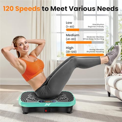AXV Vibration Plate Fitness Platform Exercise Machine Body Vibrating Board | Curved Design Powerful 200W Bluetooth Oscillating Shake Plate for Lymphatic Drainage Recovery Whole Body Toning With Handles - color: BT.PRO.GREEN