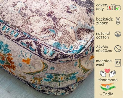 Mandala Life ART Boho Floor Cushion Cover Gray Square Moroccan Pouf Ottoman Pillow for Meditation Yoga and Boho Chic Low Seating Area Cotton 24x8 Unstuffed - color: Grey