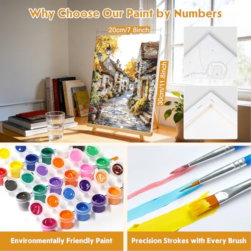 NEWENMO Paint by Numbers Kit for Adults Framed with Wooden Easel, Old Village Street, Adults' Paint-by-Number Kits on Canvas Vintage Style, DIY Oil Painting Kit for Home Wall Decor 8x12 Inch - color: yellow-landscape004