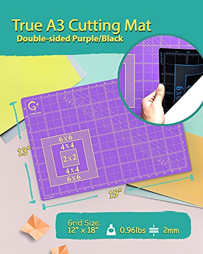 G+ Self-Healing Cutting Mat, True A3 12 x 18" (13 x 19"Full) Purple/Black Eco-Friendly Double-Sided 3-Ply Craft Cutting Board for Sewing Fabric Crafts Hobby Scrapbooking and All Arts Projects - size: 19"L x 13"W