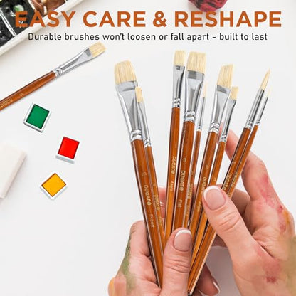 Short Handle Artist Paint Brush Set, 10-Piece Hog Hair Bristle | Strong Paint Pickup for Acrylic & Oil Painting, Comfortable Wood Handle, Kids & Adults - color: Brown