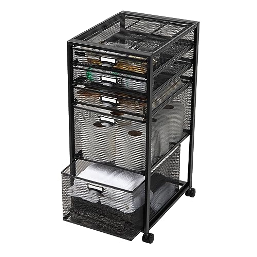 Mind Reader Vertical Office Storage Organizer with Mesh Drawers Label Holders and Optional Wheels, Metal Mesh, Black - size: 5-Drawers