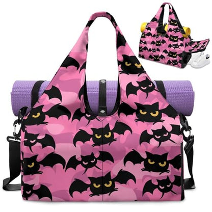 Gym Bag with Yoga Mat Holder Large Tote Bag With Multi Pockets for Women Men Dry Wet Separated Pocket Carryall Yoga Tote Bag for Pilates Travel Workout Office - color: Bat Print