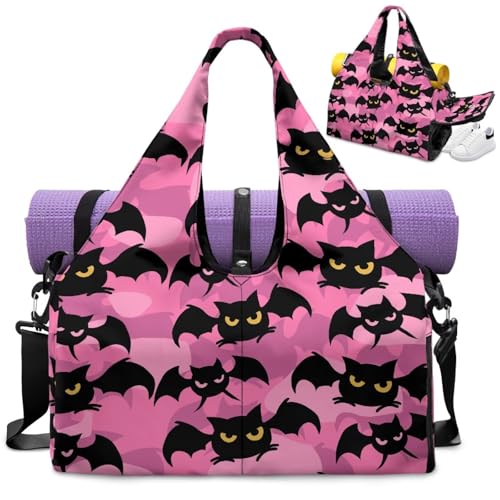 Gym Bag with Yoga Mat Holder Large Tote Bag With Multi Pockets for Women Men Dry Wet Separated Pocket Carryall Yoga Tote Bag for Pilates Travel Workout Office - color: Bat Print