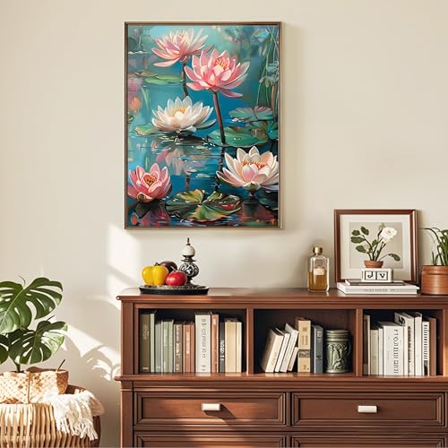 Ausanrl Flowers Framed Paint by Numbers Wooden Easel-Adult Paint by Number Kits on Canvas Framed,Lotus Paint by Numbers with Frame,Gifts and Home Wall Decor 12x16inch - color: Lotus
