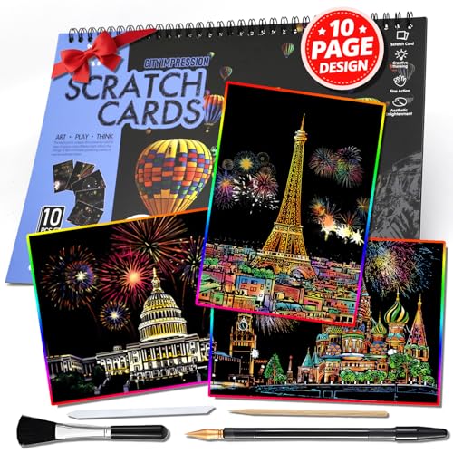 10 Pcs Scratch Art Book for Adults Teens, Rainbow Cityscape Craft DIY Kit | DIY Colorful City Series Painting Paper, ASMR Stress-Relief Engraving Kit Scratchboard, DIY Sketch Card Creative Craft - color: Travel Landmarks B