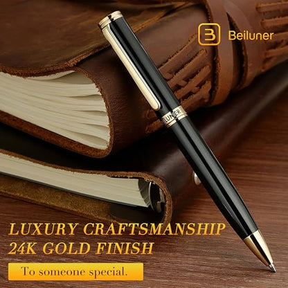 BEILUNER Luxury Gel Pen with 24K Gold Finish, Black Piano Lacquer, Luxury Grade Craftsmanship, Best Pen Gift Set for Men and Women, Professional, Executive, Office, Retractable Nice Pens - color: Piano Black and Gold Finish