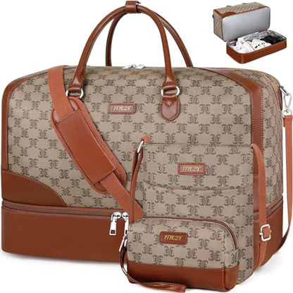 ITIEZY Weekender Bag for Women 21.5" Travel Duffel Large Carry On Bag 3PCS | Nylon Duffel Bag with Waterproof Shoe Compartment, Crossbody Bag and Toiletry Bag, Travel Weekend Hospital Overnight Gym Bag - color: 9-light Brown