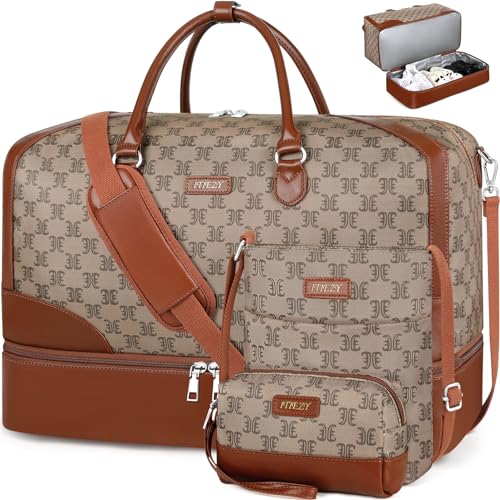 ITIEZY Weekender Bag for Women 21.5" Travel Duffel Large Carry On Bag 3PCS | Nylon Duffel Bag with Waterproof Shoe Compartment, Crossbody Bag and Toiletry Bag, Travel Weekend Hospital Overnight Gym Bag - color: 9-light Brown