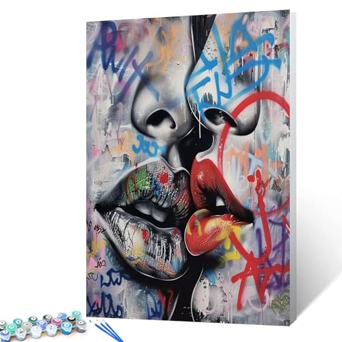Tucocoo Couple Kissing Graffiti DIY Oil Painting by Numbers for Adults Wall Decor Gift 16''x20'' - color: 20 Styles Graffiti 03, size: 16''Wx20''H(DIY frame)