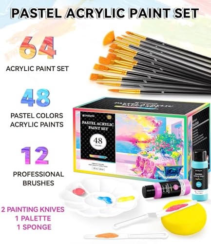 64 PCS Pastel Acrylic Paint Set, 48 Colors (2oz/60ml) Art Craft Paint | with 12 Brushes, 2 Knives & Palette, Paint for Adults Artists Beginners, Canvas Ceramic Rocks Wood Painting Kit Art Supplies - color: Pastel Colors, size: 2 Fl Oz (Pack of 48)