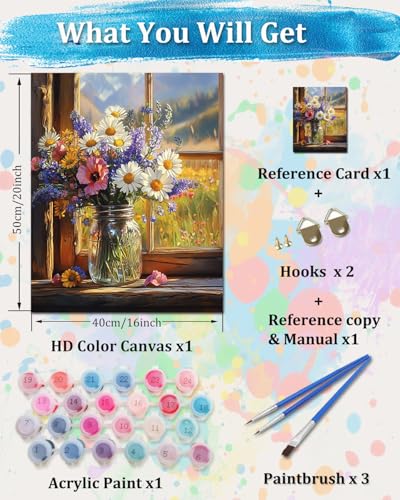 TOCARE Flowers Paint by Numbers Kit for Adults,Flower Bouquet on a Sunlit Windowsill Paint by Number Canvas Kit,Acrylic Adults' Paint-by-Number Kits Floral 16x20inch (Without Framed) - color: TC-OPC-149