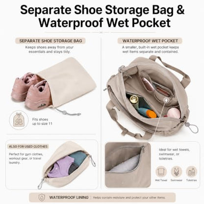 Small Mini Gym Bag for Women, Compact Duffle Overnight Bag - color: Khaki