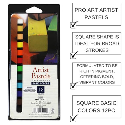 Pro Art Artist Pastels Square 12pc Basic Colors, Soft Pastels, Pastels for Artists, Soft for Artists, Chalk Pastels, Pastel Crayons, Pastel Chalk, Art Supplies