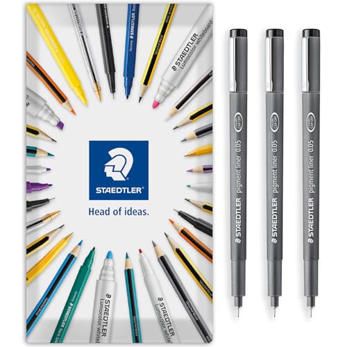 STAEDTLER 308 Pigment Liner Fineliner Pen - Ideal for Writing, Sketching, Technical Drawing, Marking Out - Black Ink - In Envelope Gift Packaging - 0.05mm Extra Fine Nib Size - Pack of 3