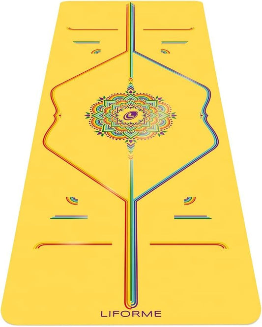 Liforme Printed Yoga Mat - Patented Alignment Design, Ultimate Grip | Eco-friendly, Non-Toxic, Sweat-Resistant, long, wide, 4.2mm thick mat for comfort, recommended for Hot Yoga, Free Yoga Bag - color: Rainbow - Yellow Hope