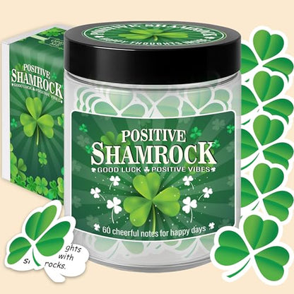 Positive Shamrock Jar, 60 Affirmation Notes, Good Luck Gifts, Irish Gifts | Uplifting Positive Vibes Jar for Home, Office Desk & Daily Encouragement, St Patricks Day Gifts for Women, Friends, Coworkers - color: KAT-Kien- Positive shamrock jar